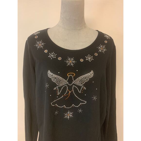 Quaker Factory Blouse Holiday Angel & Snowflake Sequins Causal 90s Womens Size L - Picture 2 of 9